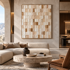Large 3D Textured Grid Abstract Canvas Wall Art – Hand-Painted Neutral Beige & Brown Impasto Oil Painting, Wabi-Sabi Block Mosaic Palette Knife Art for Living Room, Bedroom & Office Decor TEXVAS | Textured Canvas Art
