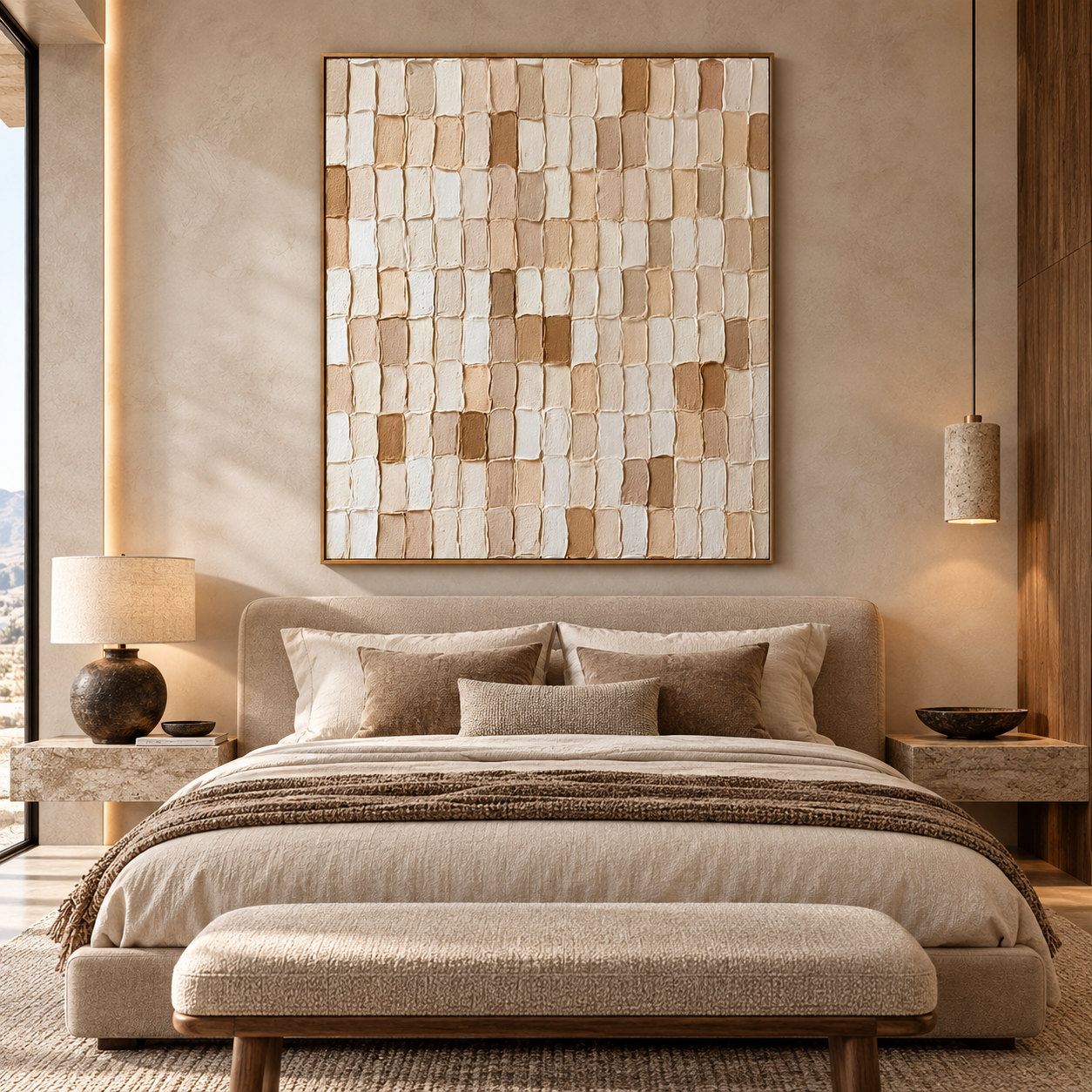 Large 3D Textured Grid Abstract Canvas Wall Art – Hand-Painted Neutral Beige & Brown Impasto Oil Painting, Wabi-Sabi Block Mosaic Palette Knife Art for Living Room, Bedroom & Office Decor TEXVAS | Textured Canvas Art
