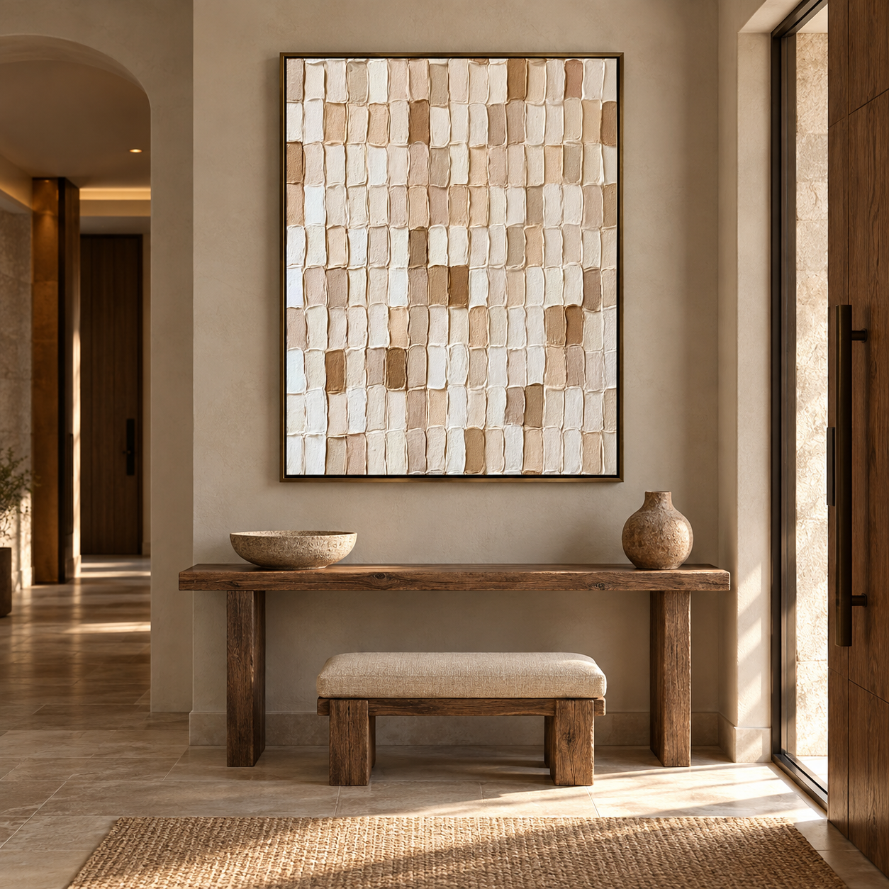 Large 3D Textured Grid Abstract Canvas Wall Art – Hand-Painted Neutral Beige & Brown Impasto Oil Painting, Wabi-Sabi Block Mosaic Palette Knife Art for Living Room, Bedroom & Office Decor TEXVAS | Textured Canvas Art