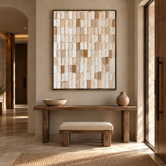 Large 3D Textured Grid Abstract Canvas Wall Art – Hand-Painted Neutral Beige & Brown Impasto Oil Painting, Wabi-Sabi Block Mosaic Palette Knife Art for Living Room, Bedroom & Office Decor TEXVAS | Textured Canvas Art