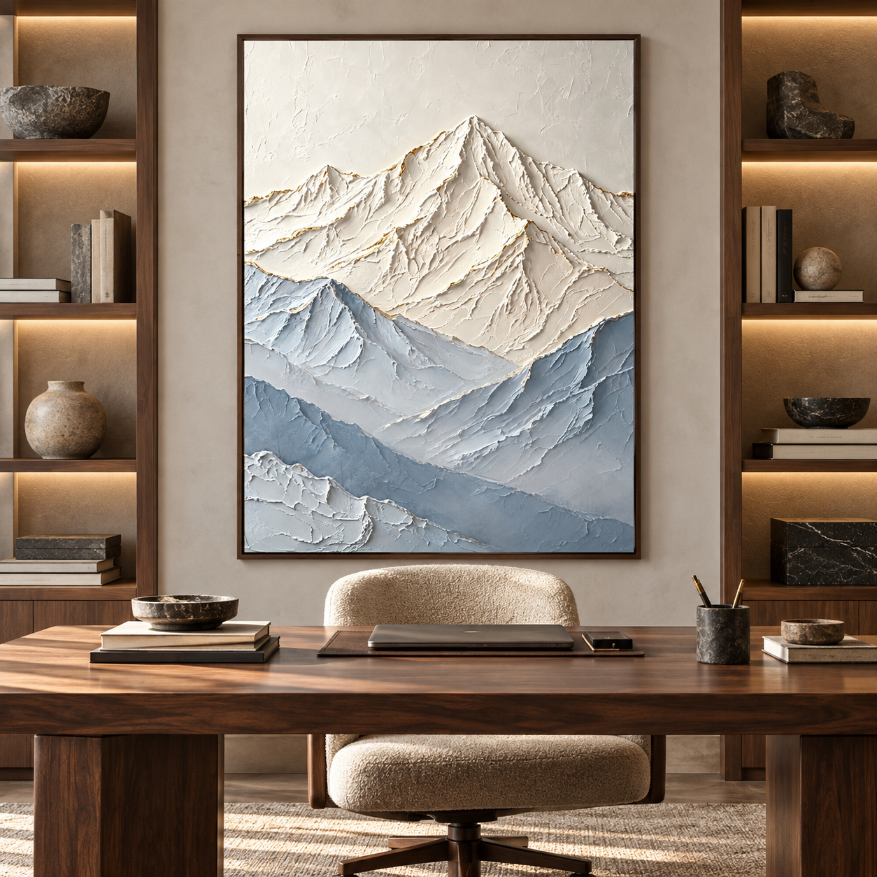 Large 3D Textured Snow Mountain Canvas Wall Art – Hand-Painted Blue & White Impasto Oil Painting, Modern Gold Leaf Mountain Landscape Art for Living Room, Bedroom & Office Decor TEXVAS | Textured Canvas Art