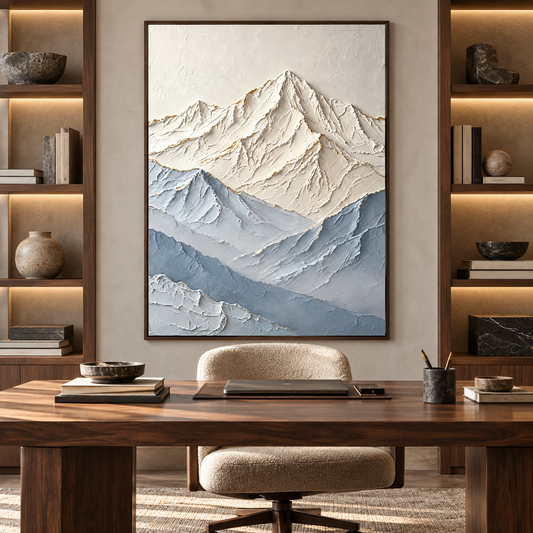Large 3D Textured Snow Mountain Canvas Wall Art – Hand-Painted Blue & White Impasto Oil Painting, Modern Gold Leaf Mountain Landscape Art for Living Room, Bedroom & Office Decor TEXVAS | Textured Canvas Art