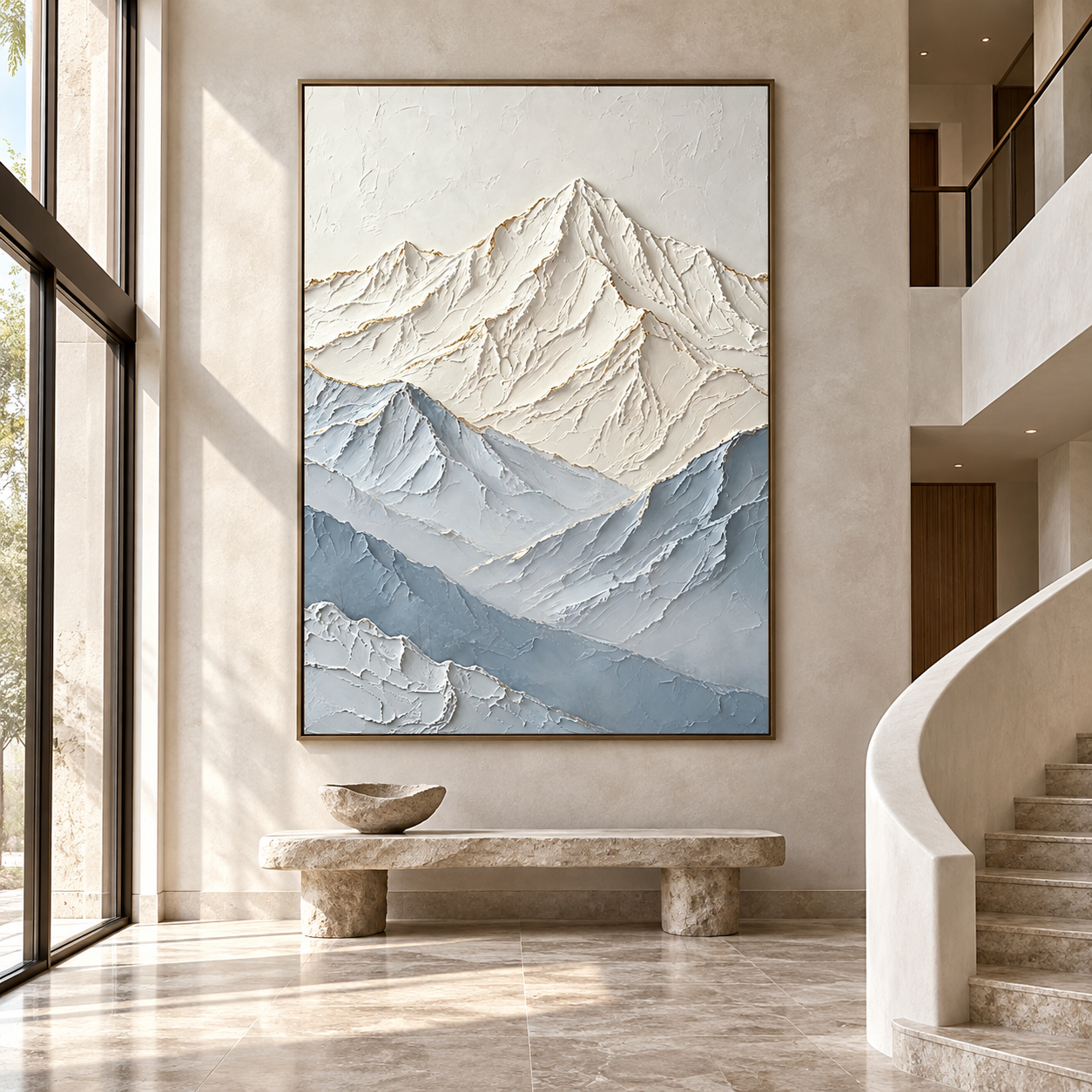 Large 3D Textured Snow Mountain Canvas Wall Art – Hand-Painted Blue & White Impasto Oil Painting, Modern Gold Leaf Mountain Landscape Art for Living Room, Bedroom & Office Decor TEXVAS | Textured Canvas Art