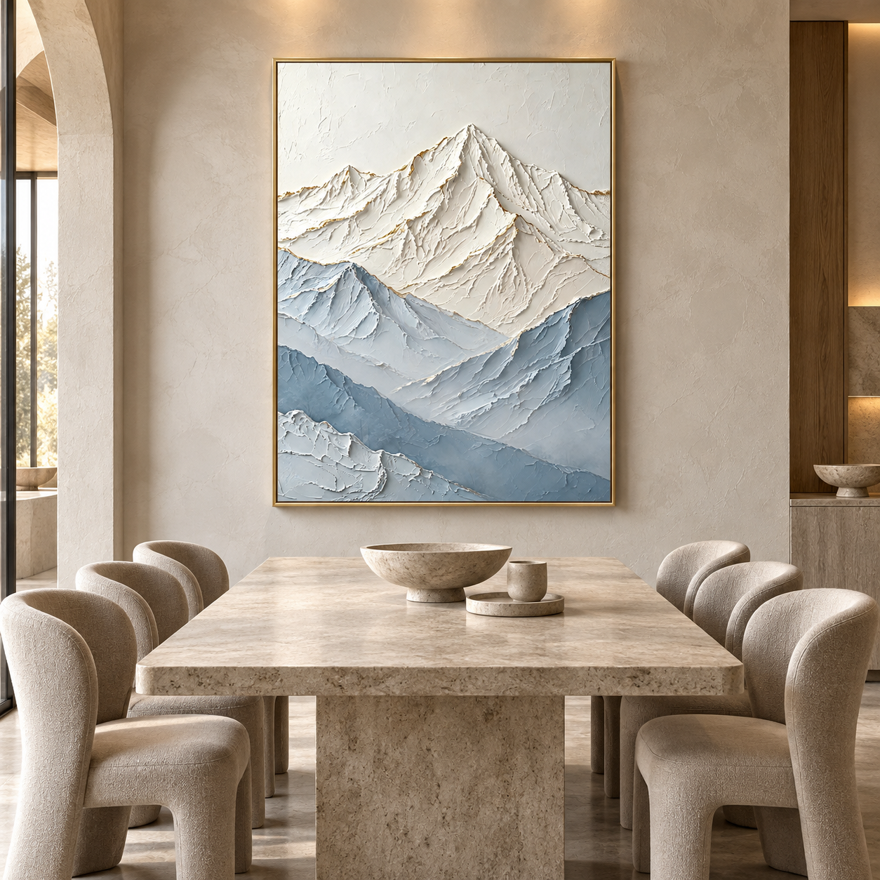Large 3D Textured Snow Mountain Canvas Wall Art – Hand-Painted Blue & White Impasto Oil Painting, Modern Gold Leaf Mountain Landscape Art for Living Room, Bedroom & Office Decor TEXVAS | Textured Canvas Art