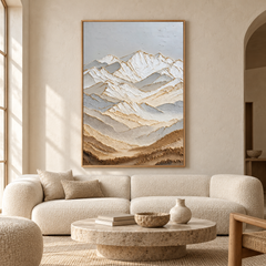 Large 3D Textured Mountain Canvas Wall Art – Hand-Painted Snow Mountain Impasto Oil Painting, Modern Neutral & Gold Leaf Palette Knife Landscape Art for Living Room, Bedroom & Office Decor TEXVAS | Textured Canvas Art