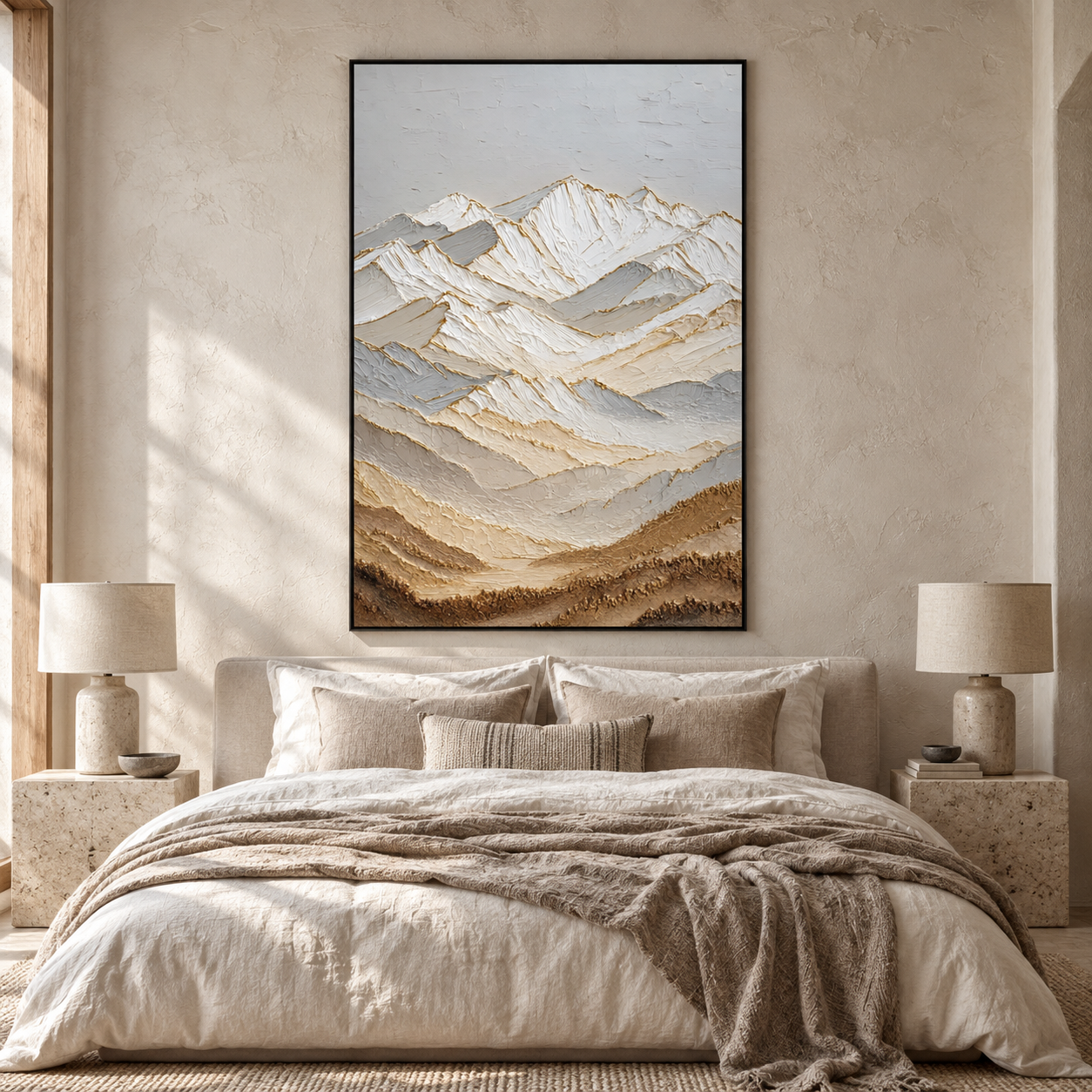 Large 3D Textured Mountain Canvas Wall Art – Hand-Painted Snow Mountain Impasto Oil Painting, Modern Neutral & Gold Leaf Palette Knife Landscape Art for Living Room, Bedroom & Office Decor TEXVAS | Textured Canvas Art