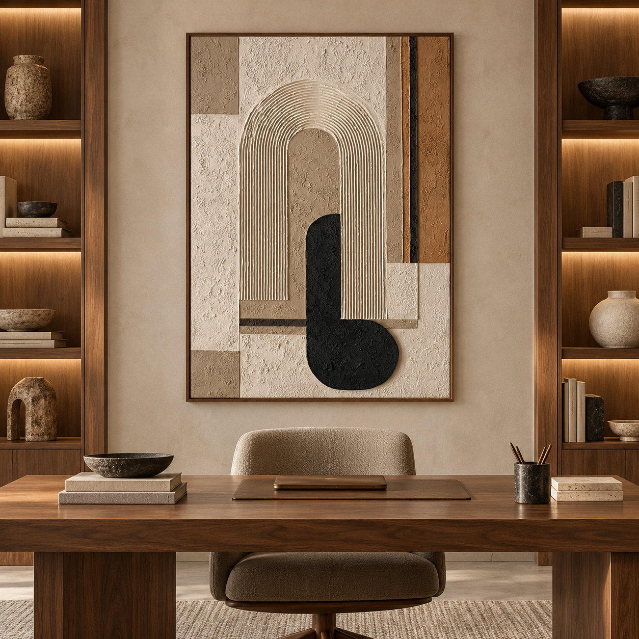 Large 3D Textured Geometric Canvas Wall Art – Hand-Painted Arch Minimalist Impasto Oil Painting, Mid-Century Modern Neutral & Black Palette Knife Art for Living Room, Bedroom & Office Decor TEXVAS | Textured Canvas Art