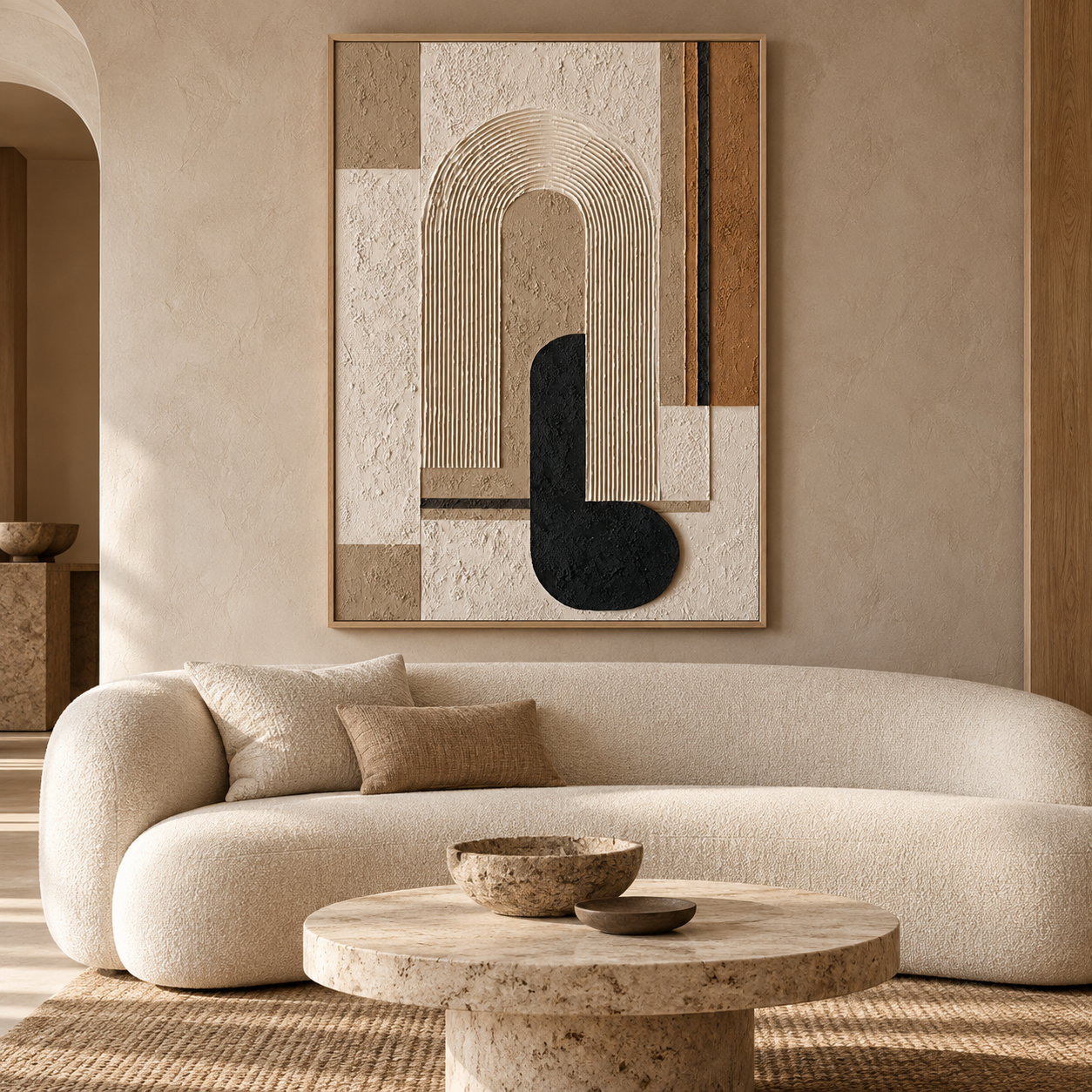 Large 3D Textured Geometric Canvas Wall Art – Hand-Painted Arch Minimalist Impasto Oil Painting, Mid-Century Modern Neutral & Black Palette Knife Art for Living Room, Bedroom & Office Decor TEXVAS | Textured Canvas Art