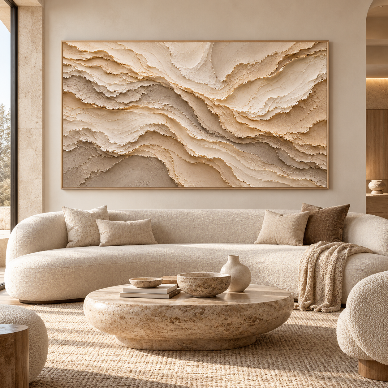 Large Horizontal 3D Textured Beige Abstract Canvas Wall Art – Hand-Painted Sand Dunes Impasto Oil Painting, Wabi-Sabi Neutral Palette Knife Art for Living Room Over Sofa & Bedroom Decor TEXVAS | Textured Canvas Art