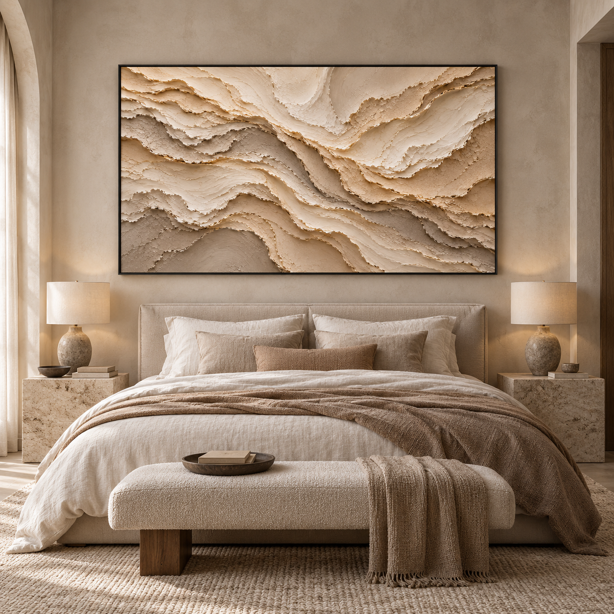 Large Horizontal 3D Textured Beige Abstract Canvas Wall Art – Hand-Painted Sand Dunes Impasto Oil Painting, Wabi-Sabi Neutral Palette Knife Art for Living Room Over Sofa & Bedroom Decor TEXVAS | Textured Canvas Art