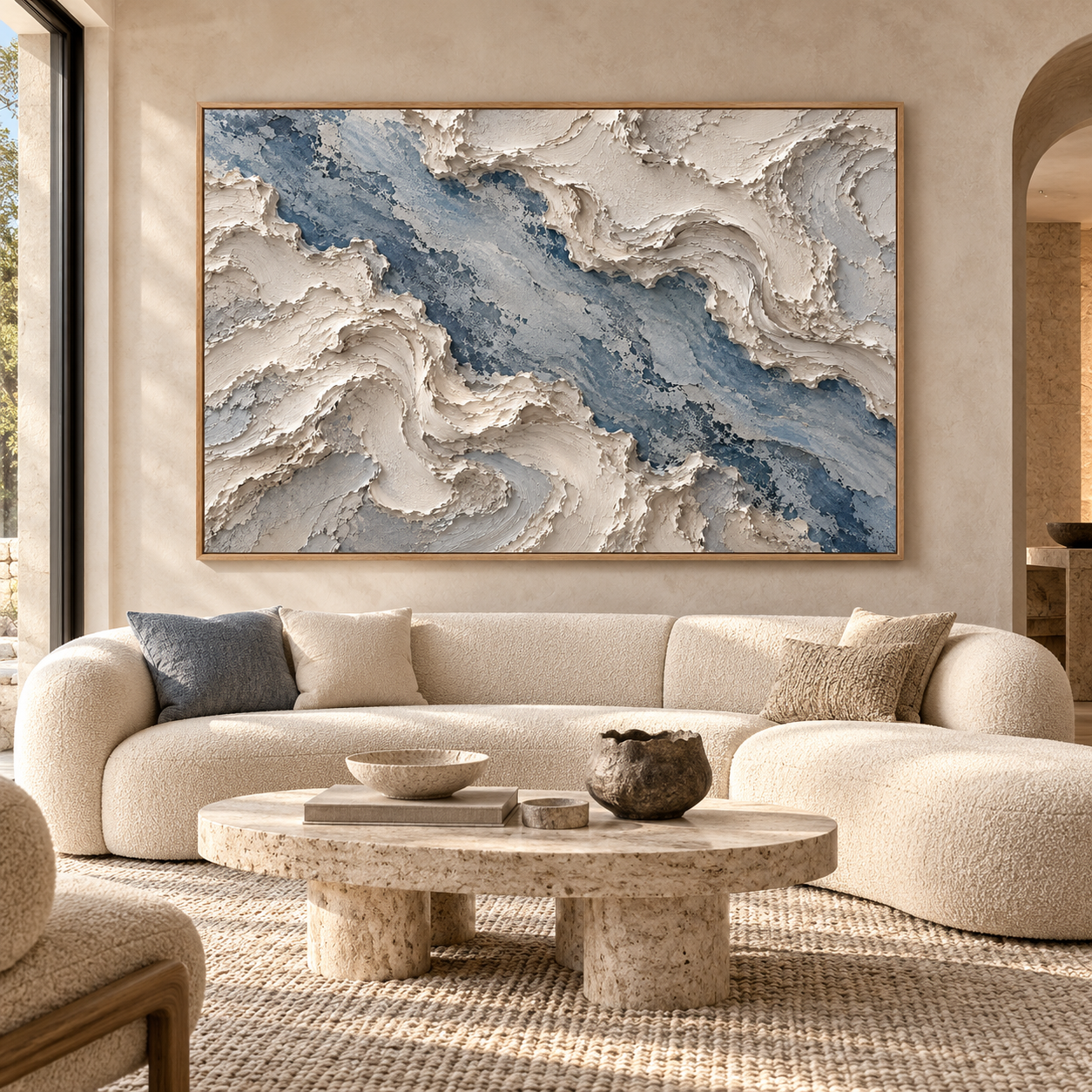Large Horizontal 3D Textured Ocean Wave Canvas Wall Art – Hand-Painted Blue & Cream Impasto Oil Painting, Coastal Abstract Palette Knife River Art for Living Room, Bedroom & Office Decor TEXVAS | Textured Canvas Art