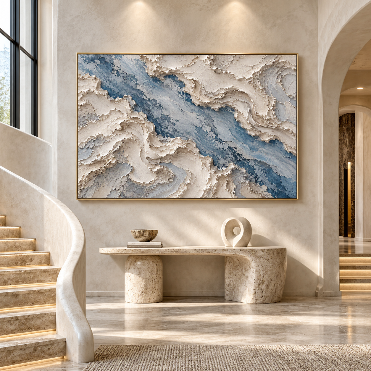Large Horizontal 3D Textured Ocean Wave Canvas Wall Art – Hand-Painted Blue & Cream Impasto Oil Painting, Coastal Abstract Palette Knife River Art for Living Room, Bedroom & Office Decor TEXVAS | Textured Canvas Art