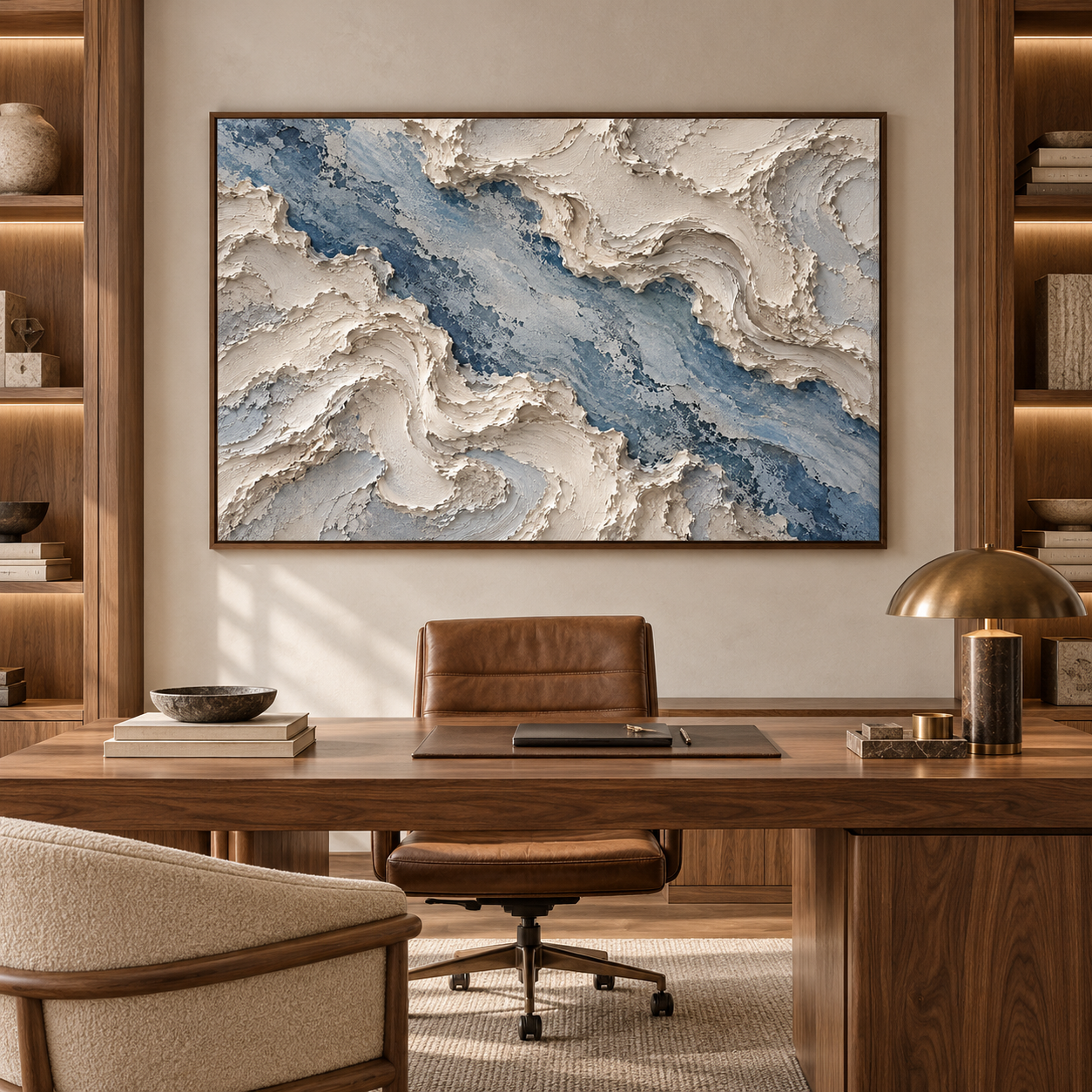Large Horizontal 3D Textured Ocean Wave Canvas Wall Art – Hand-Painted Blue & Cream Impasto Oil Painting, Coastal Abstract Palette Knife River Art for Living Room, Bedroom & Office Decor TEXVAS | Textured Canvas Art