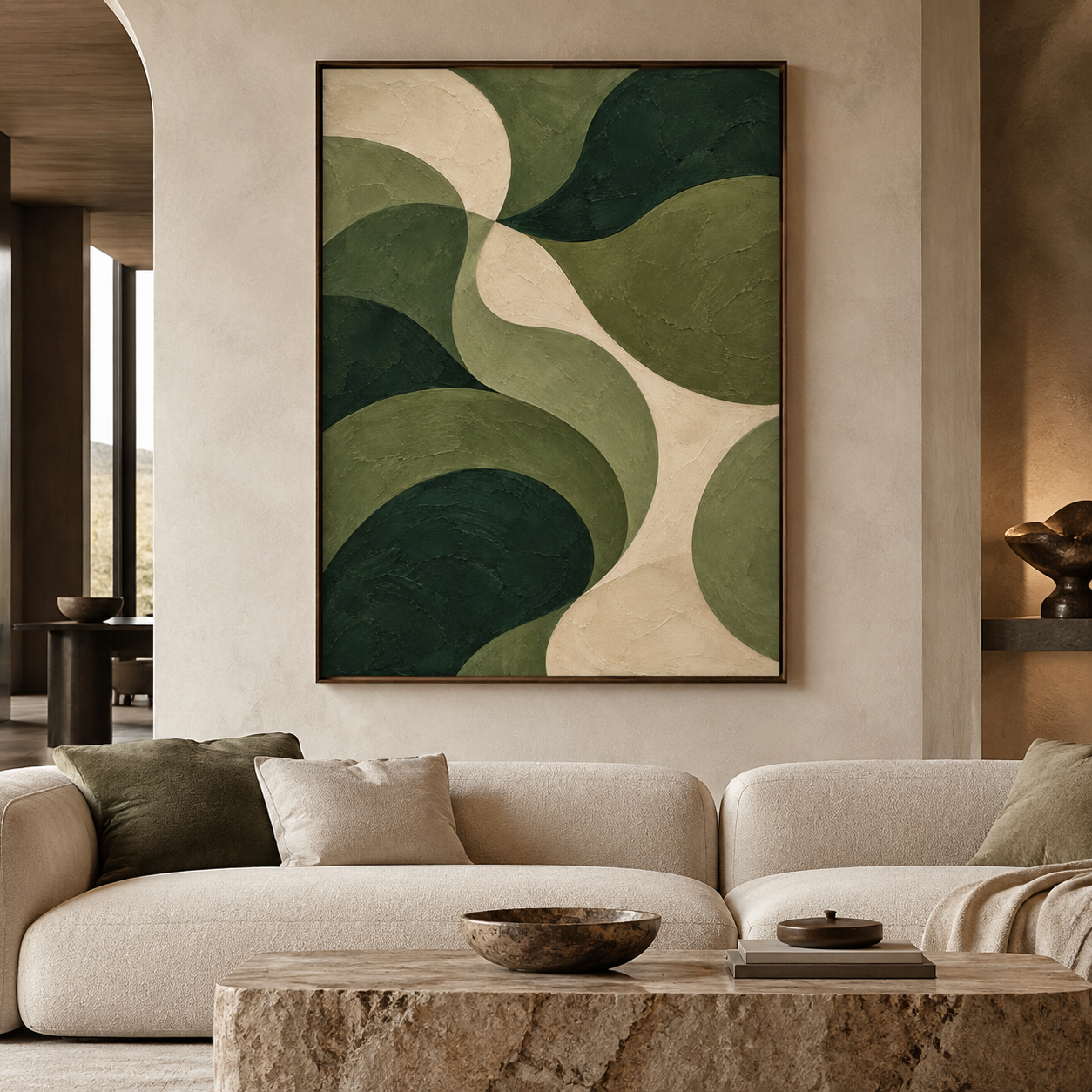 Modern Organic Wave Abstract Canvas Wall Art – Hand-Painted Forest Green & Beige Textured Oil Painting, Mid-Century Curved Abstract Art for Living Room, Bedroom & Office Decor TEXVAS | Textured Canvas Art