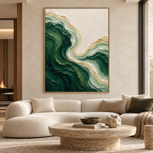 Large 3D Textured Ocean Wave Canvas Wall Art – Hand-Painted Emerald Green & Sand Impasto Oil Painting, Coastal Abstract Palette Knife Art for Living Room & Bedroom Decor TEXVAS | Textured Canvas Art