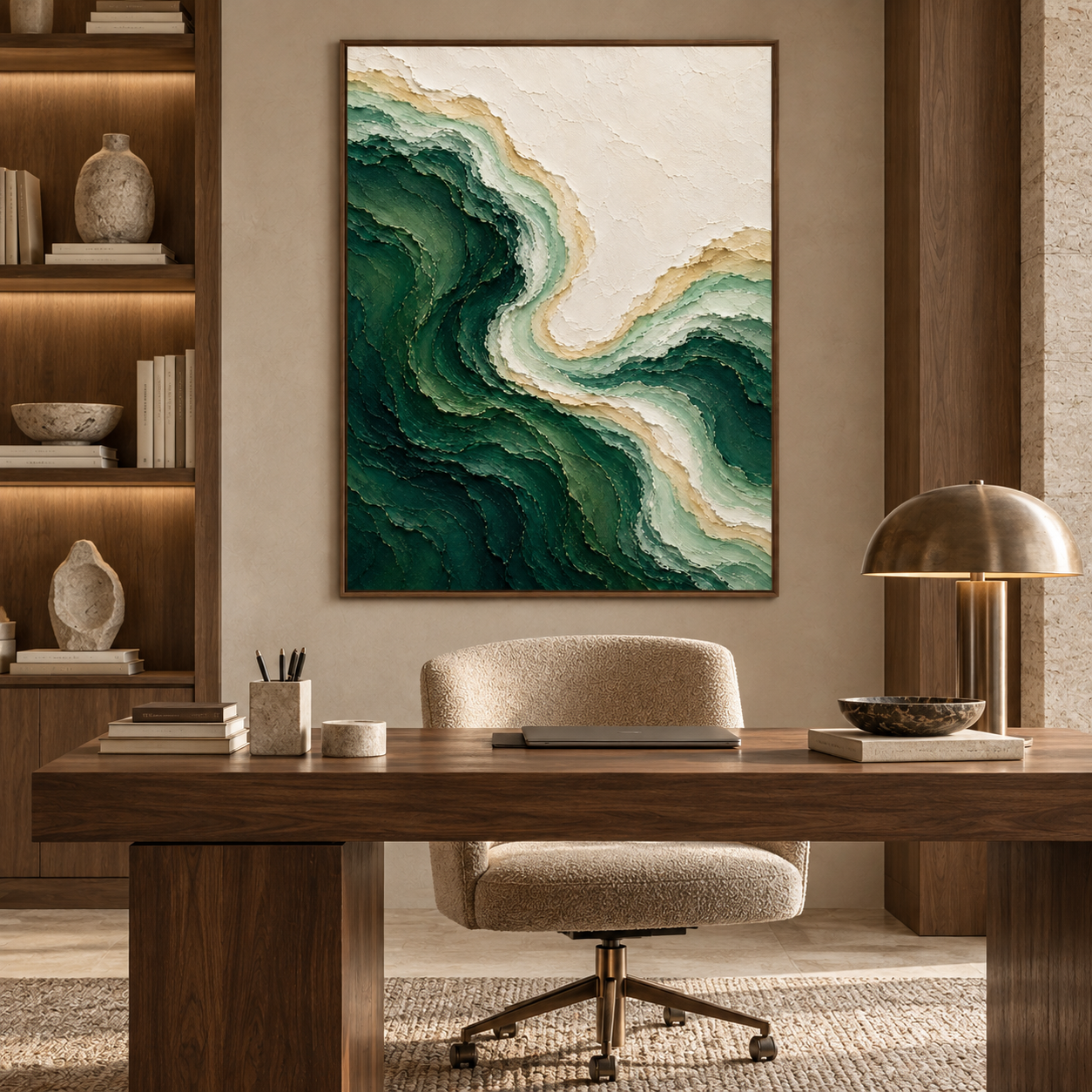 Large 3D Textured Ocean Wave Canvas Wall Art – Hand-Painted Emerald Green & Sand Impasto Oil Painting, Coastal Abstract Palette Knife Art for Living Room & Bedroom Decor TEXVAS | Textured Canvas Art