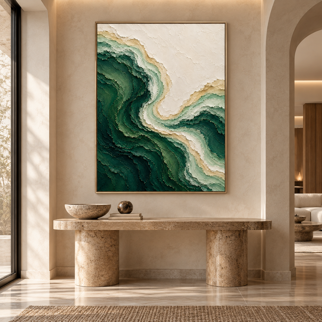 Large 3D Textured Ocean Wave Canvas Wall Art – Hand-Painted Emerald Green & Sand Impasto Oil Painting, Coastal Abstract Palette Knife Art for Living Room & Bedroom Decor TEXVAS | Textured Canvas Art