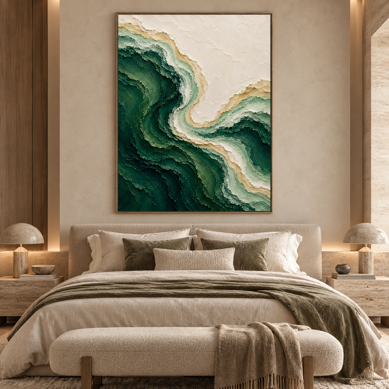 Large 3D Textured Ocean Wave Canvas Wall Art – Hand-Painted Emerald Green & Sand Impasto Oil Painting, Coastal Abstract Palette Knife Art for Living Room & Bedroom Decor TEXVAS | Textured Canvas Art