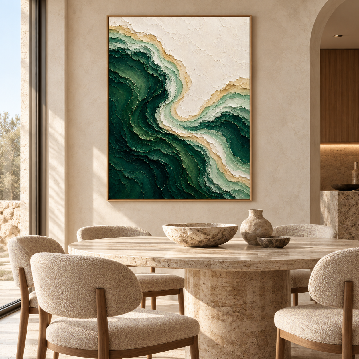 Large 3D Textured Ocean Wave Canvas Wall Art – Hand-Painted Emerald Green & Sand Impasto Oil Painting, Coastal Abstract Palette Knife Art for Living Room & Bedroom Decor TEXVAS | Textured Canvas Art