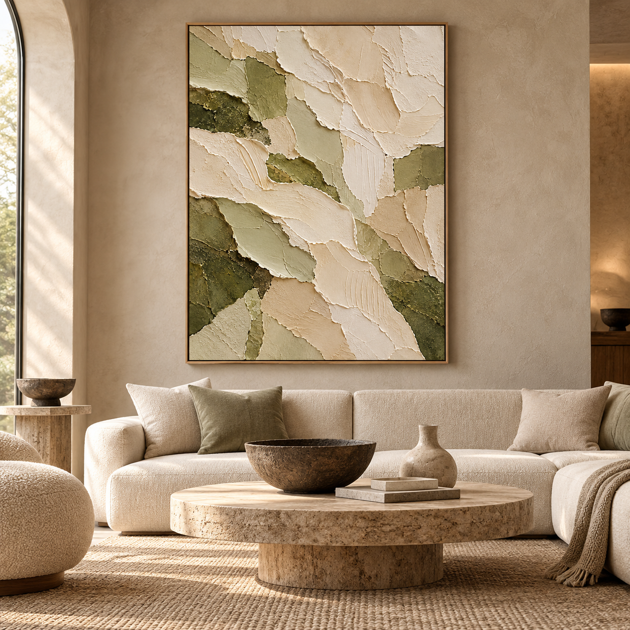 Large 3D Textured Abstract Canvas Wall Art – Hand-Painted Modern Organic Impasto Oil Painting, Olive Green & Beige Palette Knife Art for Living Room, Bedroom & Office Decor (Framed or Unframed) TEXVAS | Textured Canvas Art