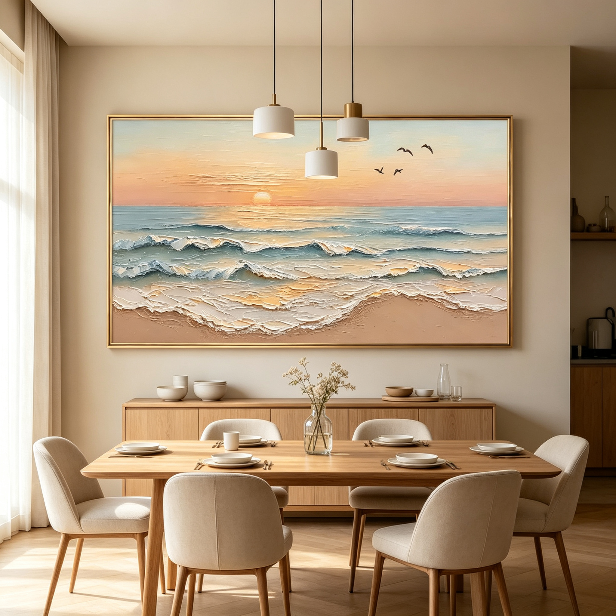 Golden Horizon – Hand-Painted 3D Ocean Wave Sunset Canvas Wall Art | Coastal Impasto Seascape Framed Artwork TEXVAS | Textured Canvas Art