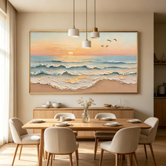 Golden Horizon – Hand-Painted 3D Ocean Wave Sunset Canvas Wall Art | Coastal Impasto Seascape Framed Artwork TEXVAS | Textured Canvas Art