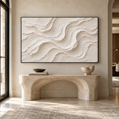 Large Horizontal 3D Textured White Canvas Wall Art – Hand-Painted Off-White & Cream Wave Plaster Oil Painting, Minimalist Modern Wabi-Sabi Flowing Line Palette Knife Art for Living Room Over Sofa & Bedroom Decor TEXVAS | Textured Canvas Art
