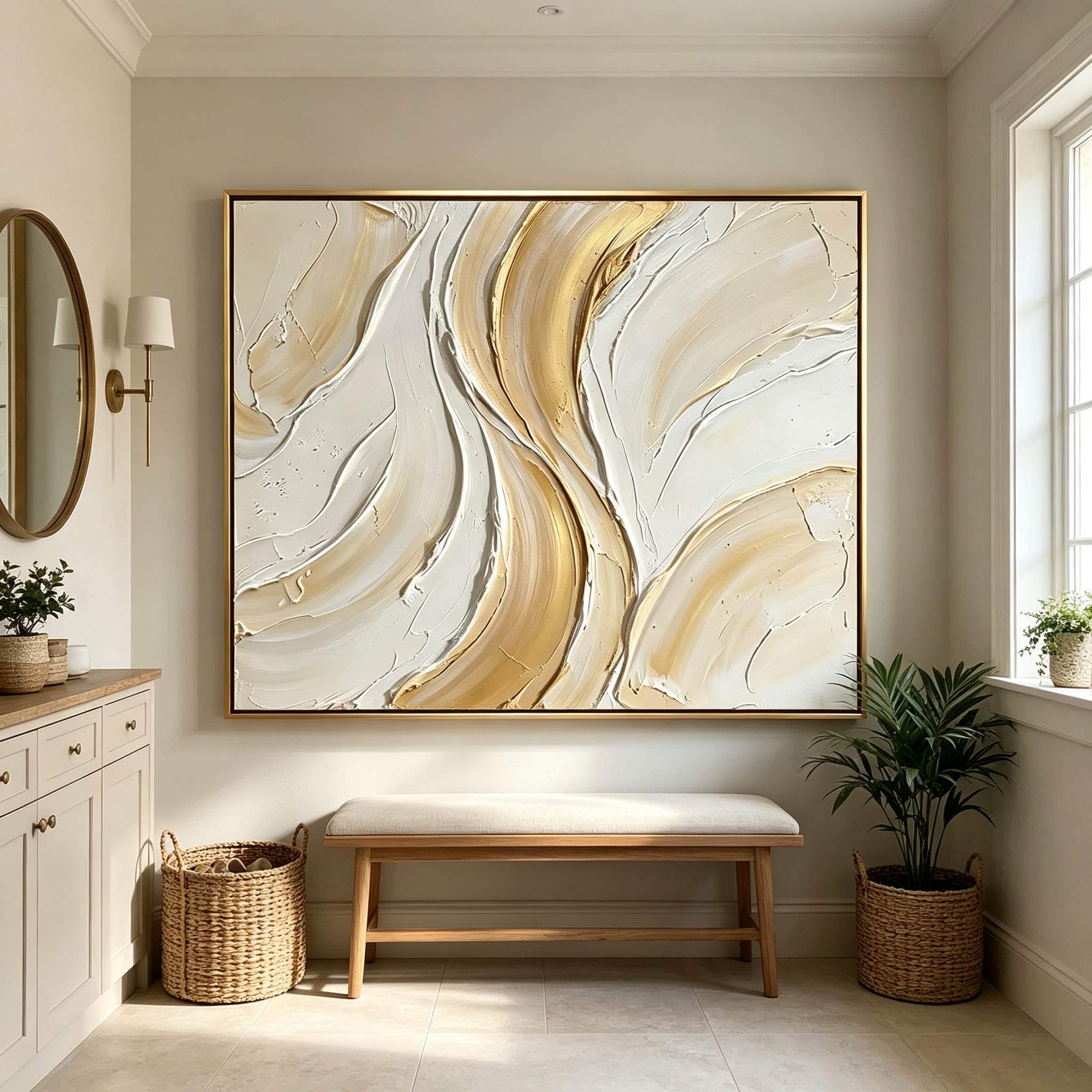 Golden Veins – Hand-Painted 3D Gold Leaf & Cream Textured Canvas Wall Art | Minimalist Luxury Framed Artwork TEXVAS | Textured Canvas Art