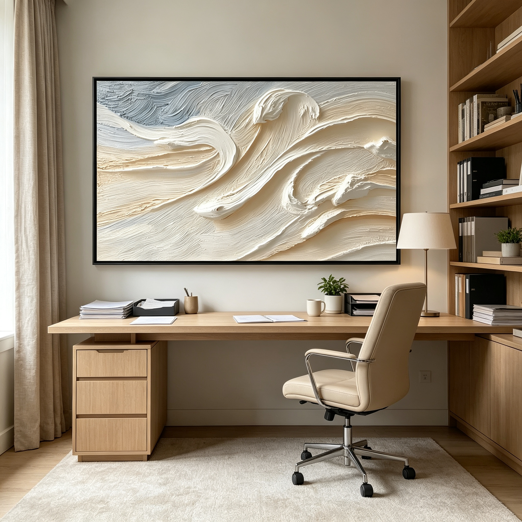 Modern Cream 3D Textured Wave Wall Decor – Large Horizontal Hand-Painted Oil Painting for Living Room & Bedroom TEXVAS | 100% Hand-Painted Textured & Impasto Wall Art