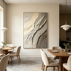 Contemporary Textured Abstract Art – Hand-Painted Neutral Tones with Golden Accents (Vertical Wall Decor)