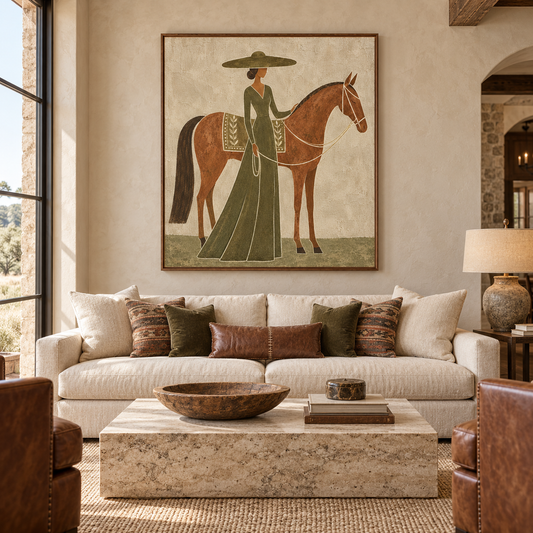 Hand-Painted Minimalist Horse & Lady Oil Painting – Modern Equestrian Wall Art, Earthy Neutral Canvas Art for Living Room, Bedroom & Office Decor TEXVAS | Textured Canvas Art