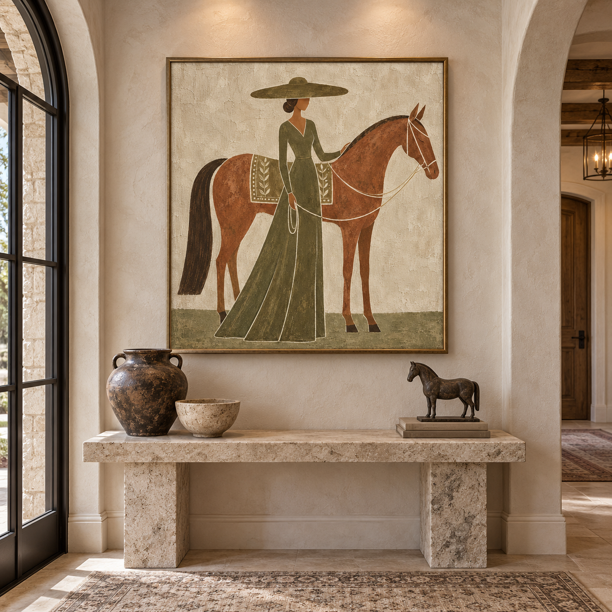 Hand-Painted Minimalist Horse & Lady Oil Painting – Modern Equestrian Wall Art, Earthy Neutral Canvas Art for Living Room, Bedroom & Office Decor TEXVAS | Textured Canvas Art