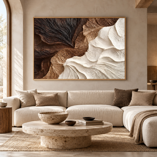 Contrast Wings – Hand-Painted 3D Dark Chocolate & Cream Textured Canvas Wall Art | Earthy Wabi-Sabi Framed Artwork TEXVAS | Textured Canvas Art