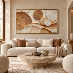 Large Horizontal 3D Textured Beige & Brown Canvas Wall Art – Hand-Painted Geometric Concentric Circles & Waves Impasto Oil Painting, Modern Wabi-Sabi Tree Ring Plaster Art for Living Room Over Sofa Decor TEXVAS | Textured Canvas Art