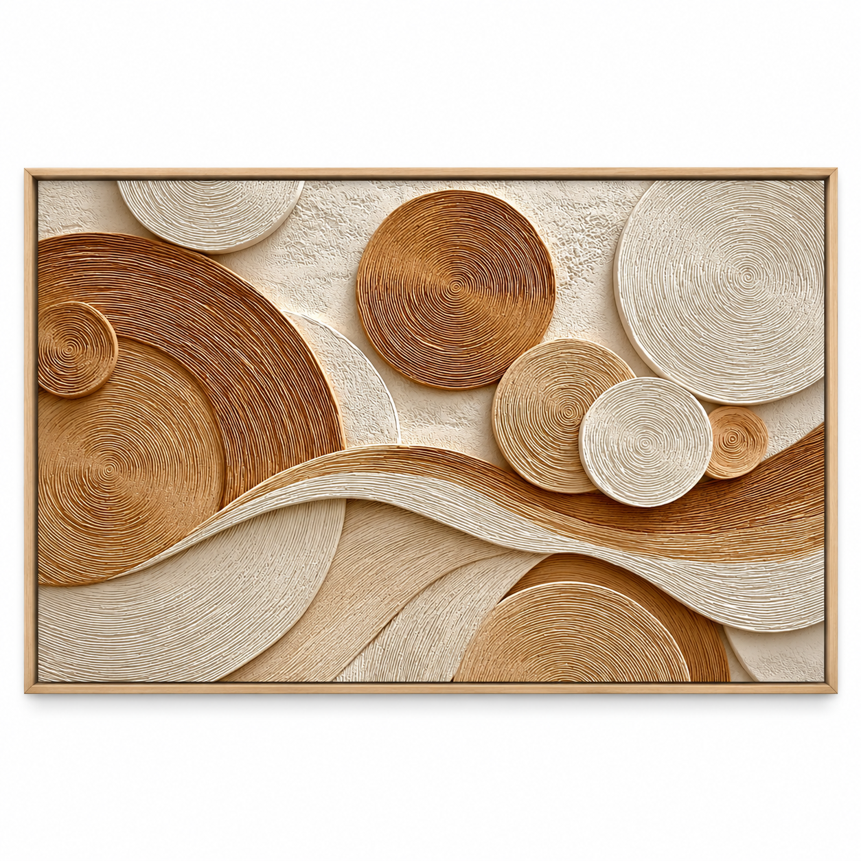 Large Horizontal 3D Textured Beige & Brown Canvas Wall Art – Hand-Painted Geometric Concentric Circles & Waves Impasto Oil Painting, Modern Wabi-Sabi Tree Ring Plaster Art for Living Room Over Sofa Decor TEXVAS | Textured Canvas Art