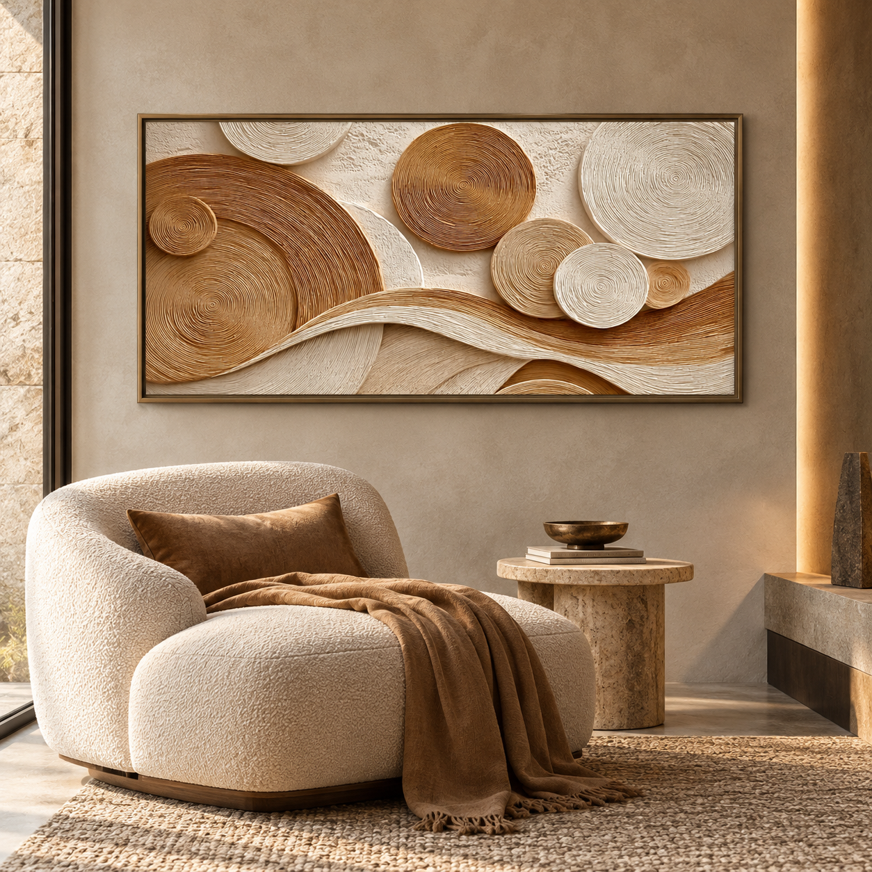 Large Horizontal 3D Textured Beige & Brown Canvas Wall Art – Hand-Painted Geometric Concentric Circles & Waves Impasto Oil Painting, Modern Wabi-Sabi Tree Ring Plaster Art for Living Room Over Sofa Decor TEXVAS | Textured Canvas Art