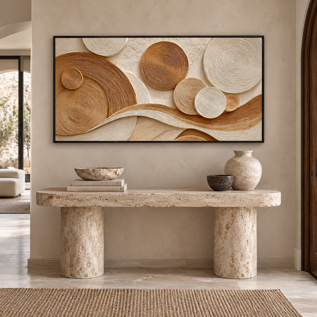 Large Horizontal 3D Textured Beige & Brown Canvas Wall Art – Hand-Painted Geometric Concentric Circles & Waves Impasto Oil Painting, Modern Wabi-Sabi Tree Ring Plaster Art for Living Room Over Sofa Decor TEXVAS | Textured Canvas Art