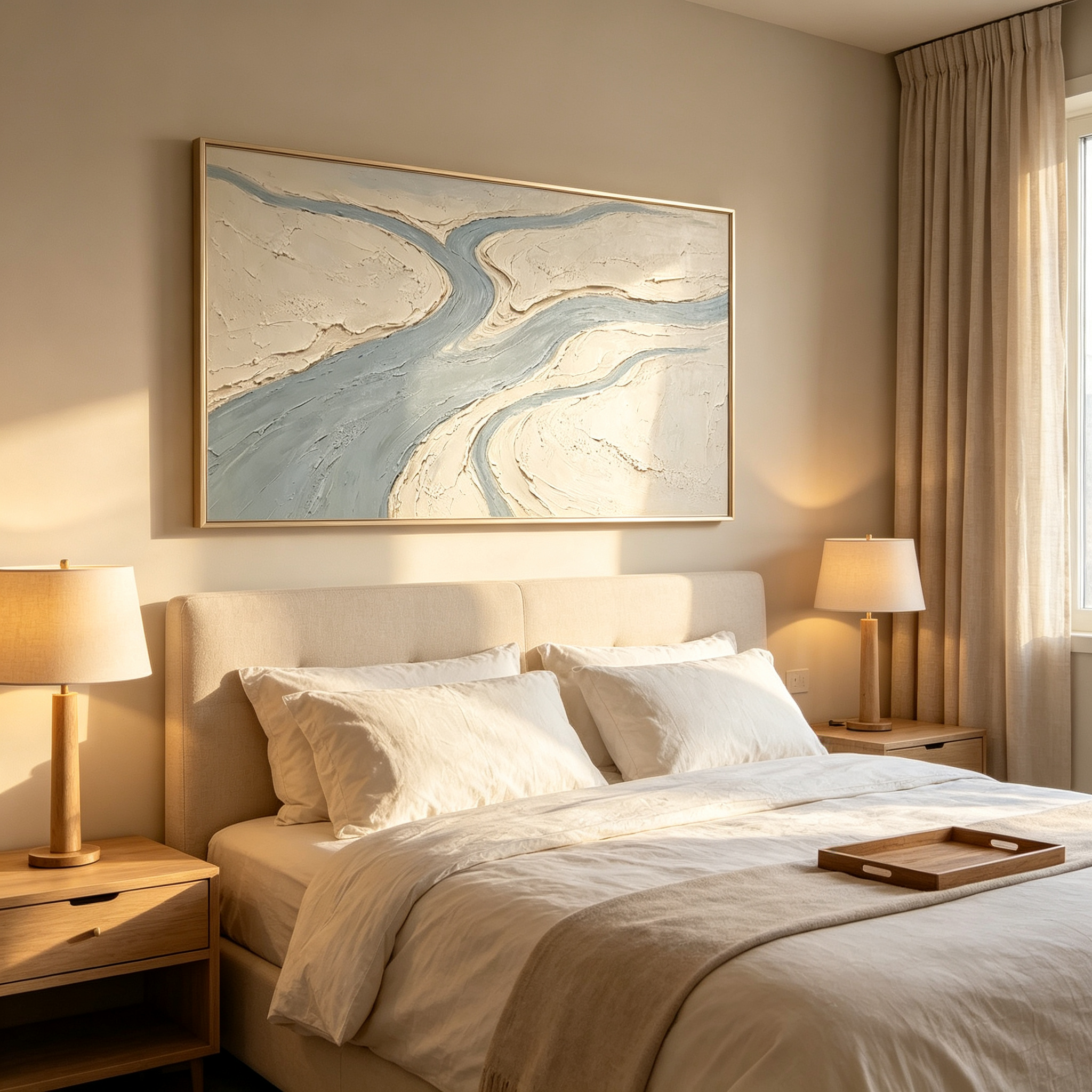 Meandering Stream – Hand-Painted 3D River & Valley Textured Canvas Wall Art | Minimalist Wabi-Sabi Framed Artwork TEXVAS | Textured Canvas Art