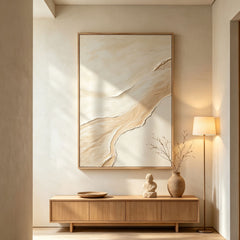 Minimalist Cream & Beige 3D Texture Art – Hand-Painted Abstract Flowing Dunes (Vertical Wall Decor)