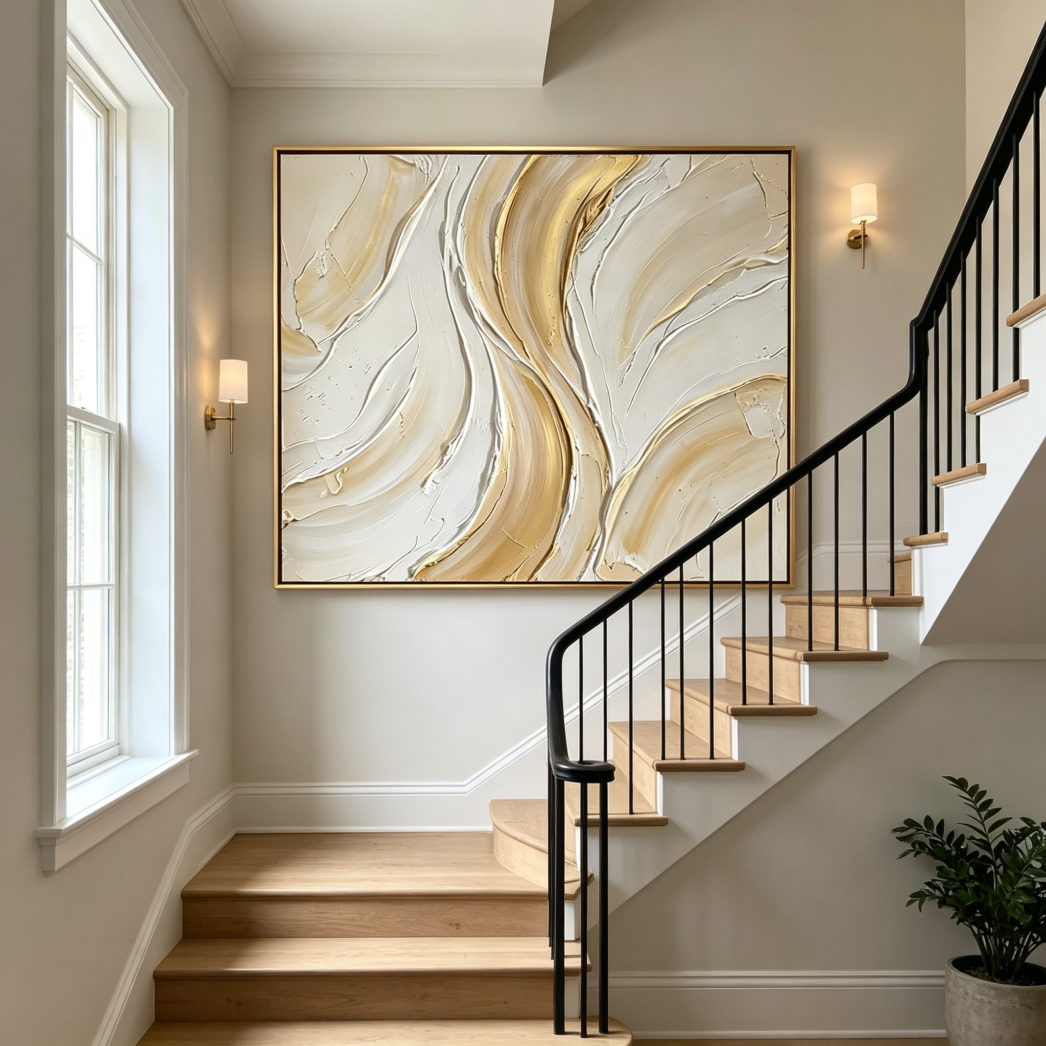 Golden Veins – Hand-Painted 3D Gold Leaf & Cream Textured Canvas Wall Art | Minimalist Luxury Framed Artwork TEXVAS | Textured Canvas Art