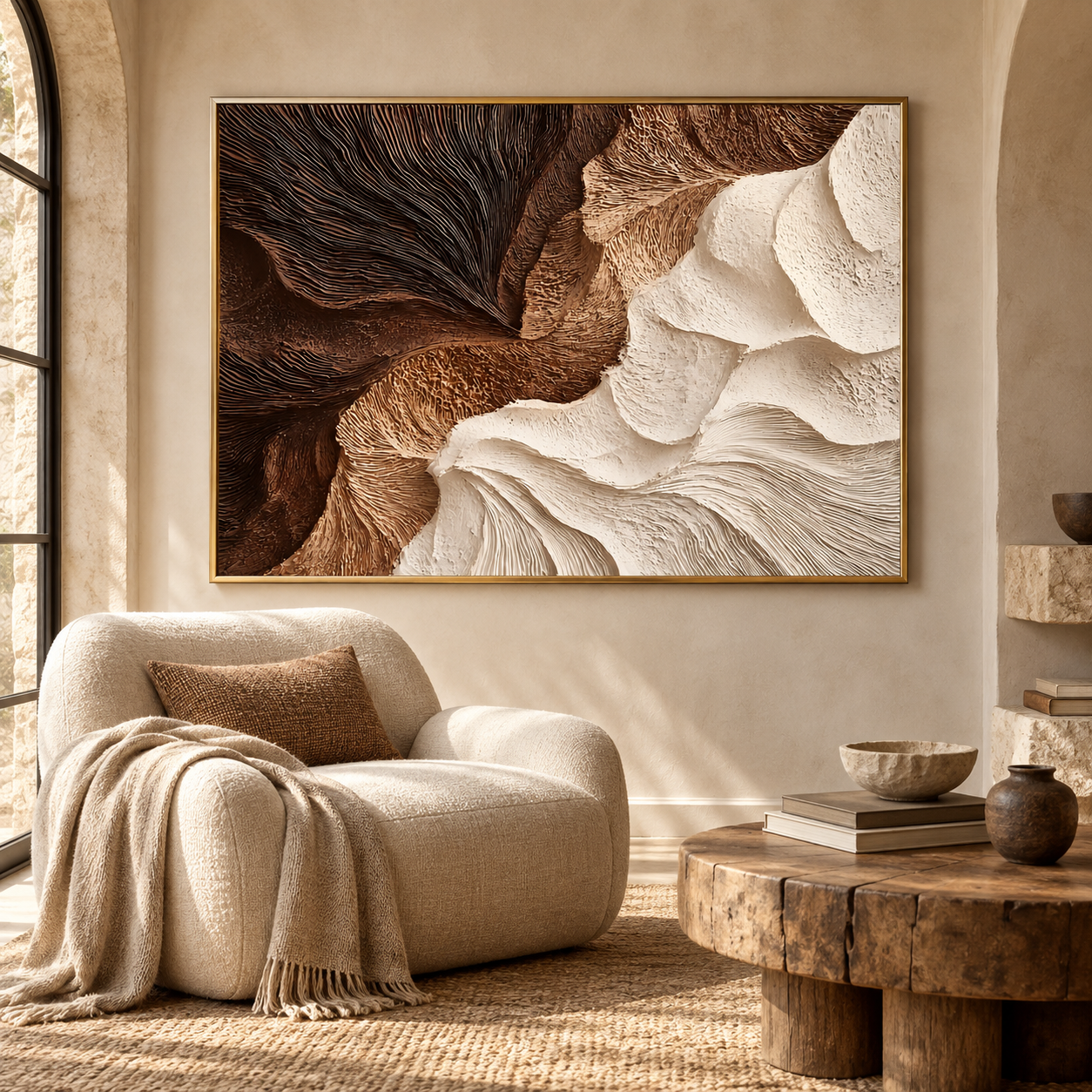 Contrast Wings – Hand-Painted 3D Dark Chocolate & Cream Textured Canvas Wall Art | Earthy Wabi-Sabi Framed Artwork TEXVAS | Textured Canvas Art