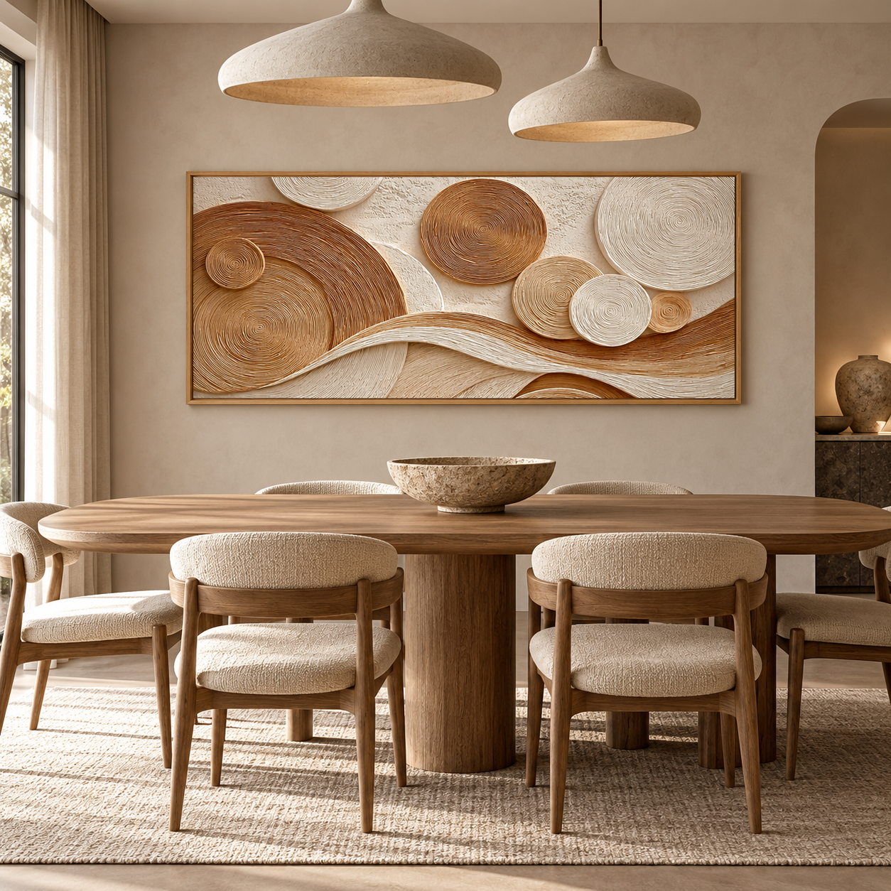 Large Horizontal 3D Textured Beige & Brown Canvas Wall Art – Hand-Painted Geometric Concentric Circles & Waves Impasto Oil Painting, Modern Wabi-Sabi Tree Ring Plaster Art for Living Room Over Sofa Decor TEXVAS | Textured Canvas Art