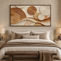 Large Horizontal 3D Textured Beige & Brown Canvas Wall Art – Hand-Painted Geometric Concentric Circles & Waves Impasto Oil Painting, Modern Wabi-Sabi Tree Ring Plaster Art for Living Room Over Sofa Decor TEXVAS | Textured Canvas Art
