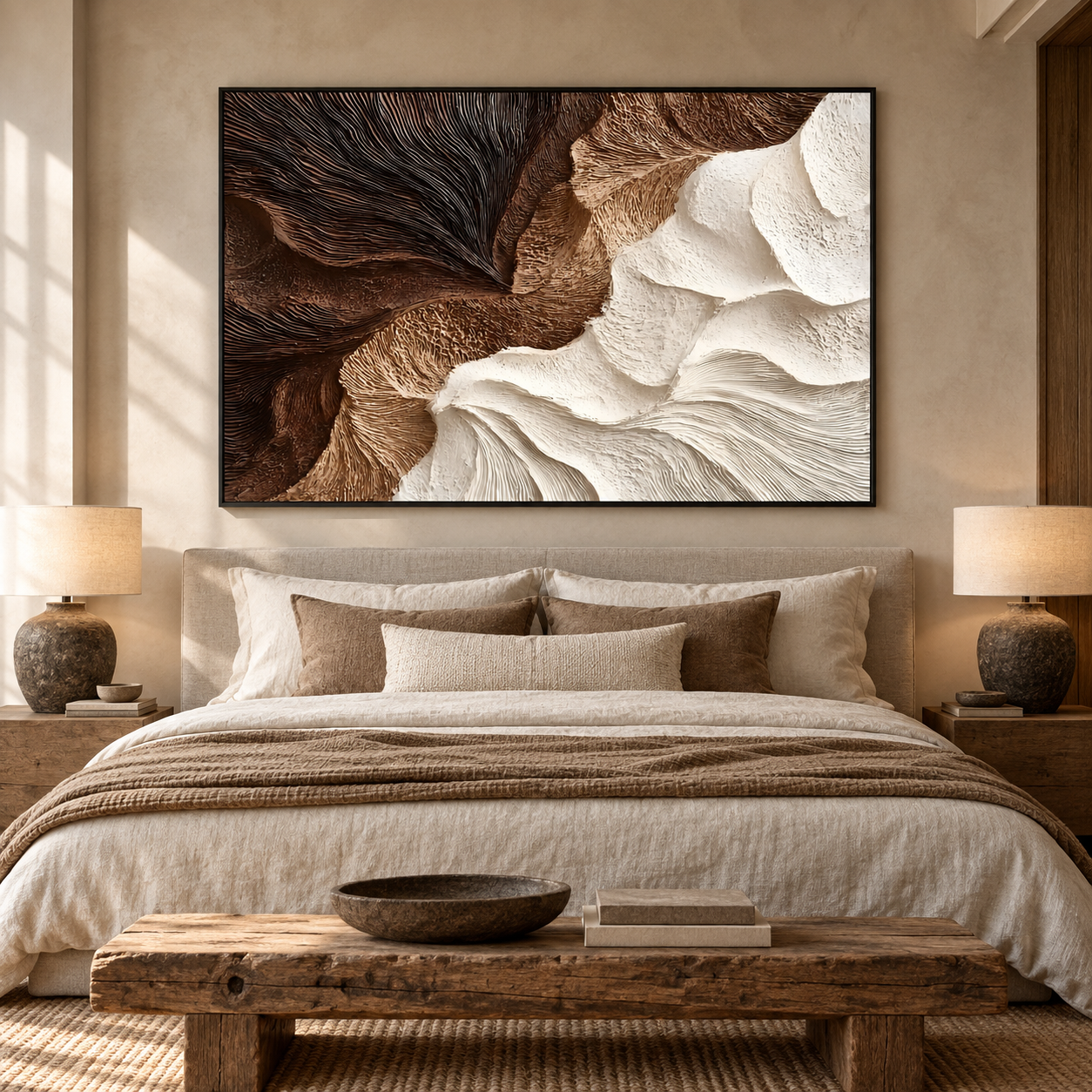 Contrast Wings – Hand-Painted 3D Dark Chocolate & Cream Textured Canvas Wall Art | Earthy Wabi-Sabi Framed Artwork TEXVAS | Textured Canvas Art