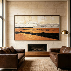 Oversized Terracotta Color Block Wall Art & Textured Geometric Abstract Painting | Cream Beige Canvas with Gold Line Accent