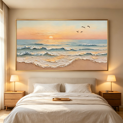 Golden Horizon – Hand-Painted 3D Ocean Wave Sunset Canvas Wall Art | Coastal Impasto Seascape Framed Artwork TEXVAS | Textured Canvas Art