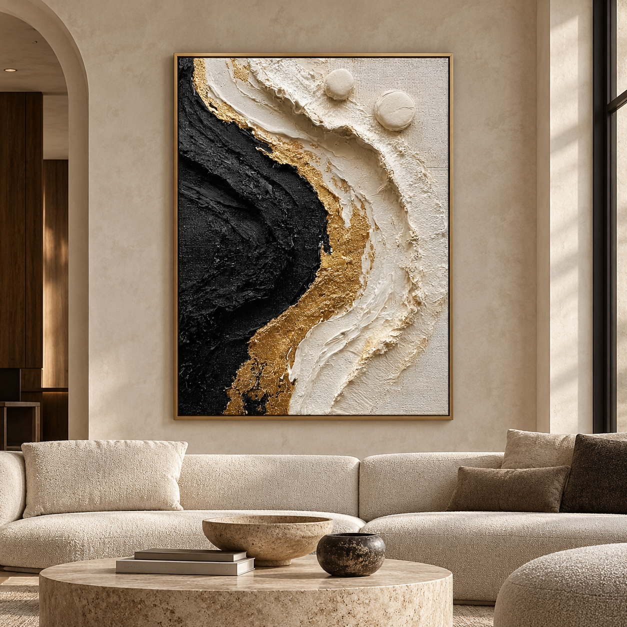 Large Vertical 3D Textured Black and Gold Canvas Wall Art – Hand-Painted Modern Abstract Cream Wave Plaster Oil Painting, Gold Leaf Impasto Artwork with 3D Spheres for Entryway & Living Room Decor TEXVAS | Textured Canvas Art