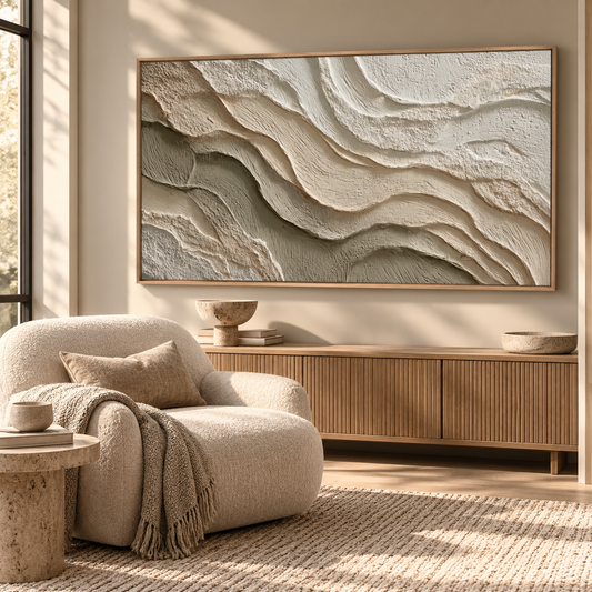 Serene Strata – Hand-Painted 3D Cream & Sand Textured Canvas Wall Art | Earthy Wabi-Sabi Framed Artwork TEXVAS | Textured Canvas Art