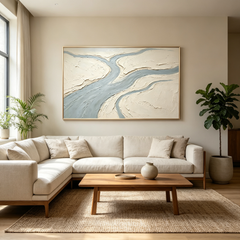 Meandering Stream – Hand-Painted 3D River & Valley Textured Canvas Wall Art | Minimalist Wabi-Sabi Framed Artwork TEXVAS | Textured Canvas Art
