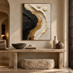 Large Vertical 3D Textured Black and Gold Canvas Wall Art – Hand-Painted Modern Abstract Cream Wave Plaster Oil Painting, Gold Leaf Impasto Artwork with 3D Spheres for Entryway & Living Room Decor TEXVAS | Textured Canvas Art